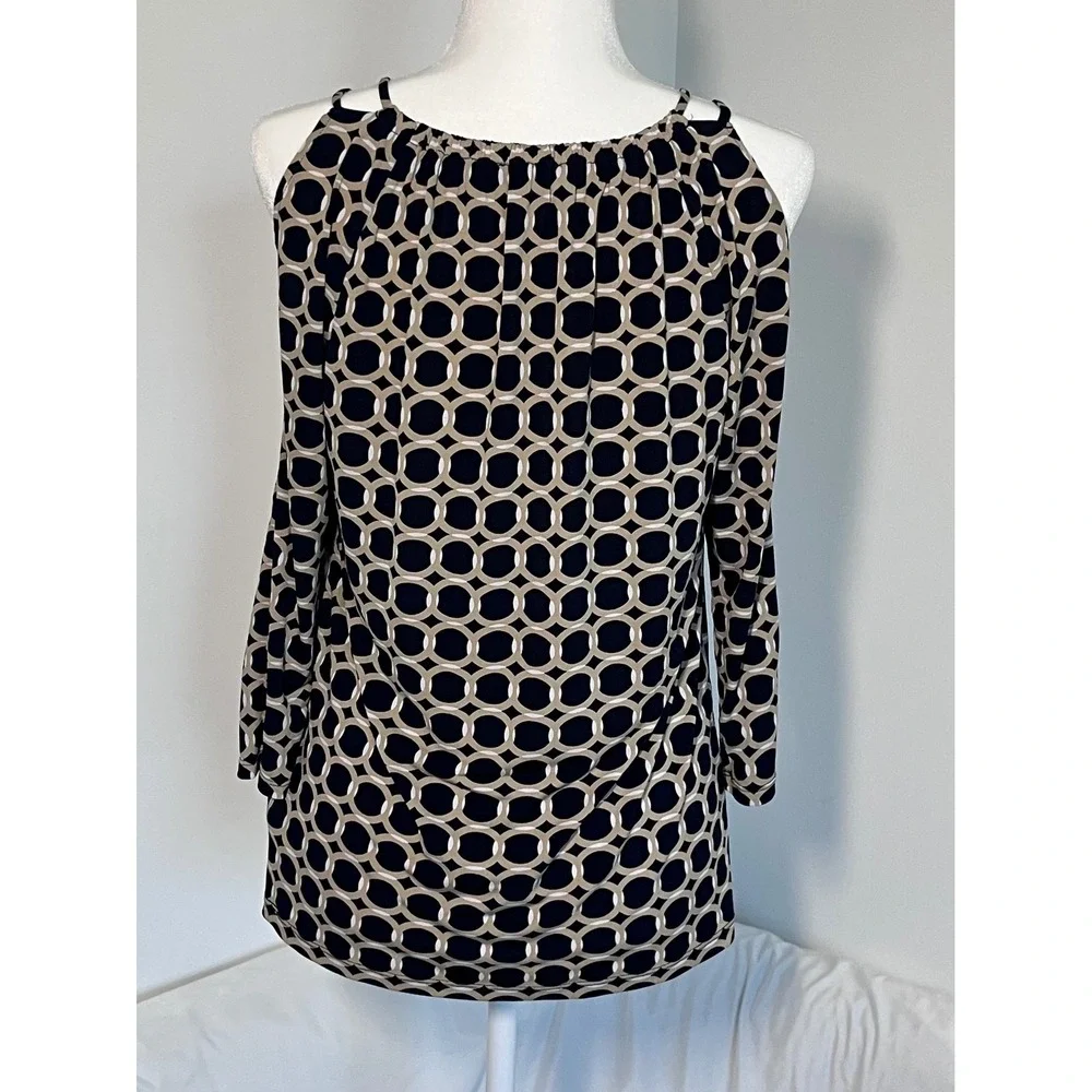 Michael Kors Cold Shoulder Blouse Womens Size S Black Tan Geometric Office Wear